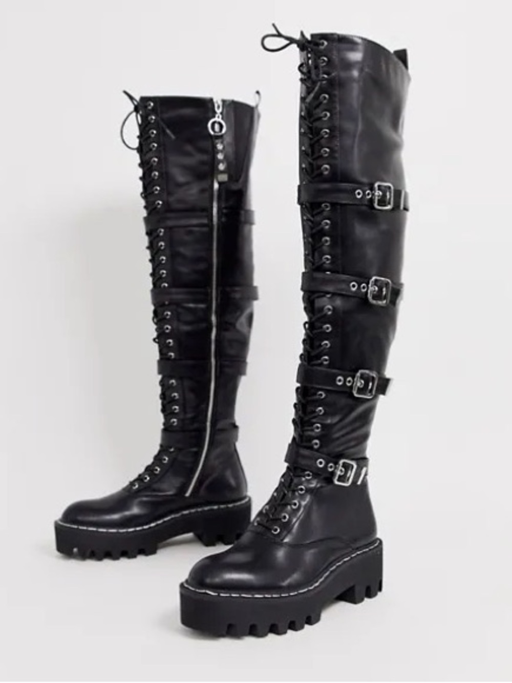 Lamoda Black Knee High Combat Boots with Buckle Straps